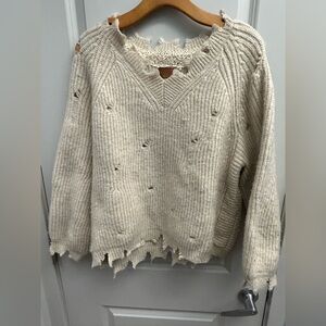 Anthropologie POL Cream Distressed V-Neck Sweater